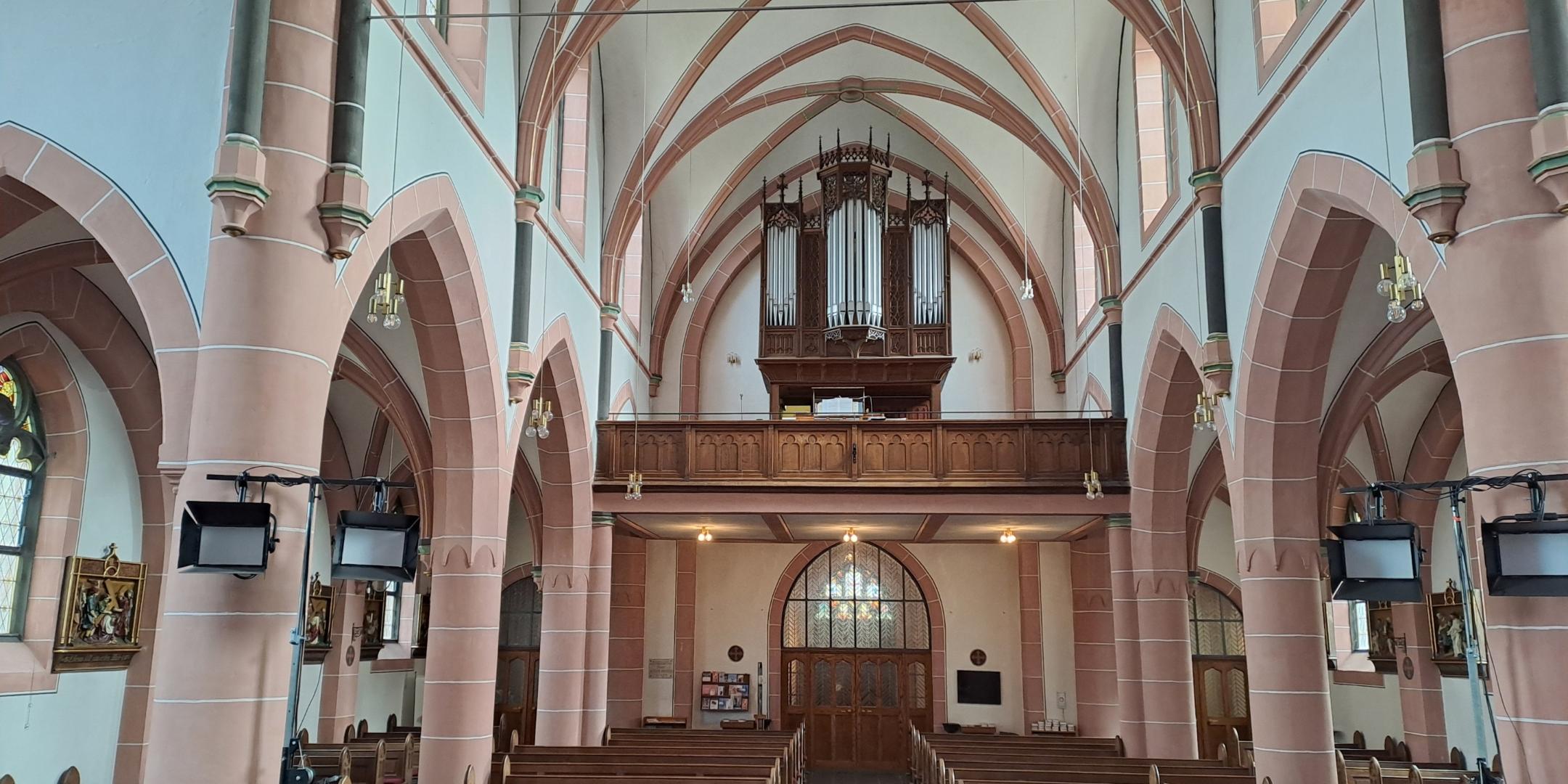 Blick vom Kirchenschiff nach hinten zur Orgelempore. Zu sehen sind Holzbänke, Rundbögen und eine große Orgel über dem Eingang.