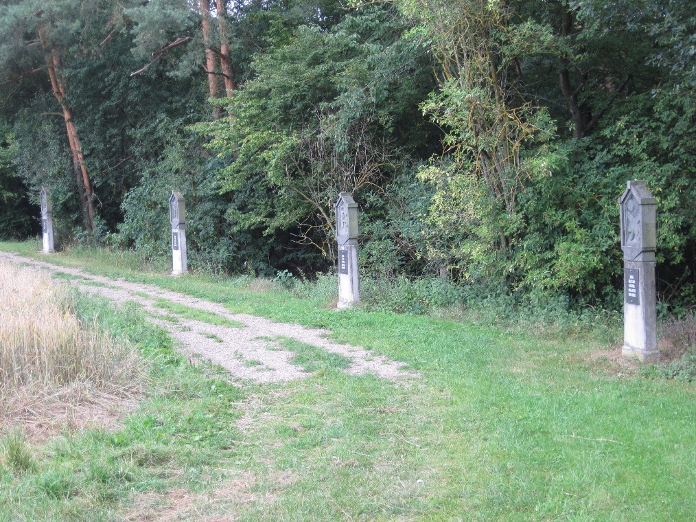 Blick auf mehrere steinerne Kreuzwegstationen, die in regelmäßigen Abständen entlang eines schmalen Waldweges stehen. Die Stationen sind von Gras, Sträuchern und Bäumen umgeben und bilden einen stillen Andachtsweg durch die Landschaft.