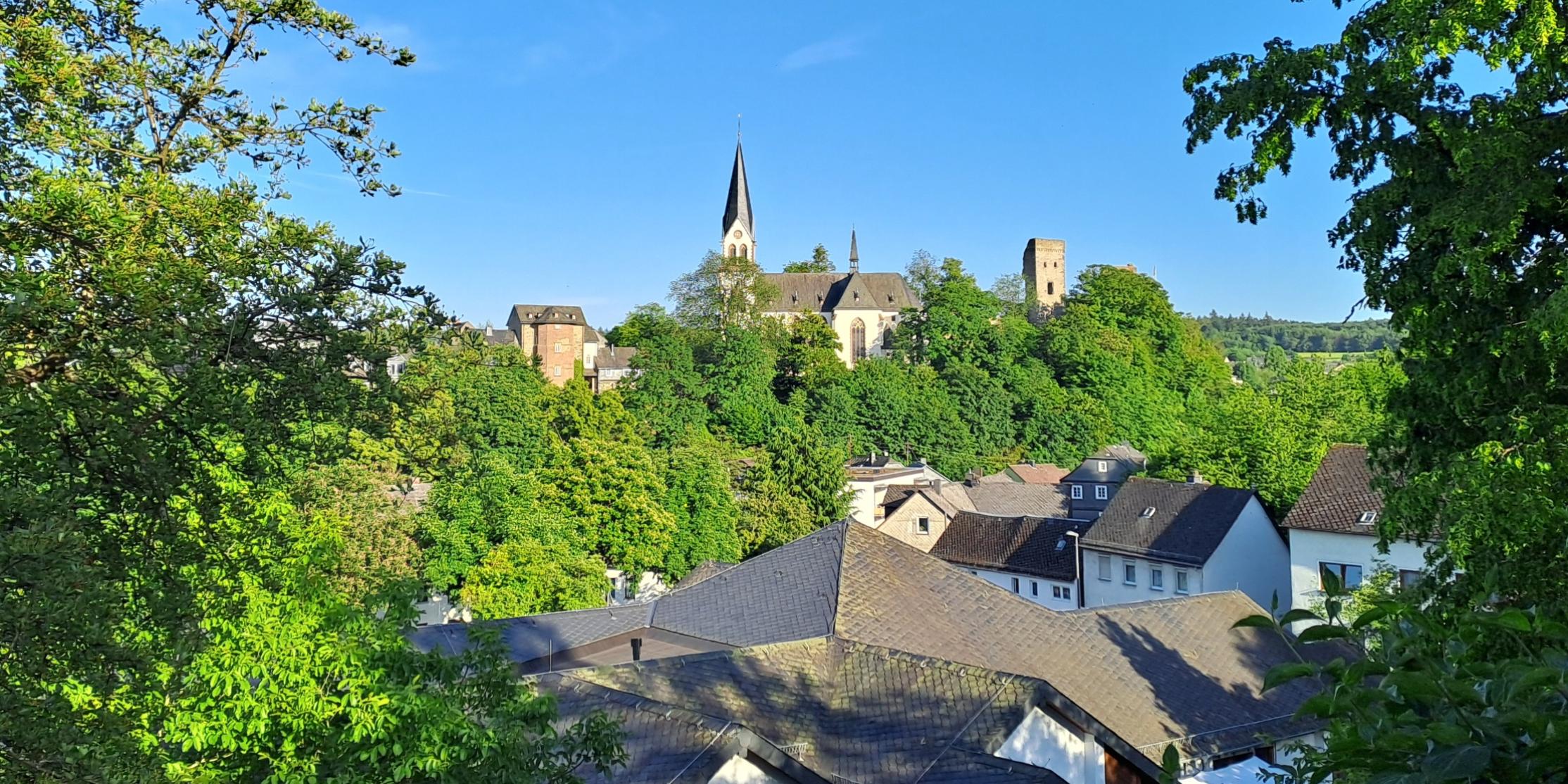 Blick auf Kastellaun mit mehreren Wohnhäusern im Vordergrund. Dahinter ragt eine Kirche mit spitzem Turm sowie ein rechteckiger Turm aus dem Grünen. Die Umgebung ist dicht bewachsen und der Himmel ist wolkenlos.