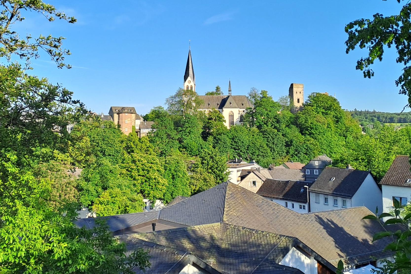 Blick auf Kastellaun mit mehreren Wohnhäusern im Vordergrund. Dahinter ragt eine Kirche mit spitzem Turm sowie ein rechteckiger Turm aus dem Grünen. Die Umgebung ist dicht bewachsen und der Himmel ist wolkenlos.