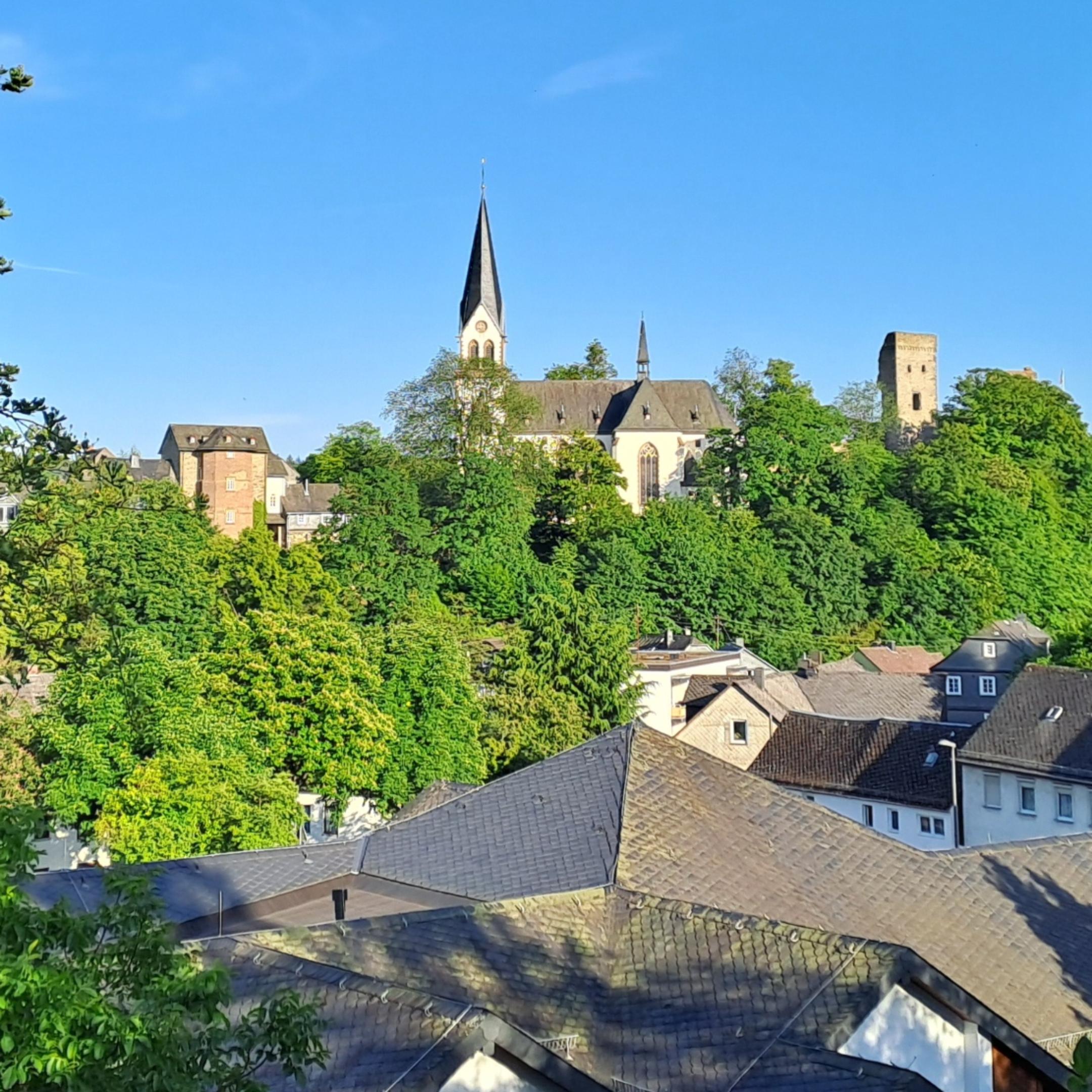 Blick auf Kastellaun mit mehreren Wohnhäusern im Vordergrund. Dahinter ragt eine Kirche mit spitzem Turm sowie ein rechteckiger Turm aus dem Grünen. Die Umgebung ist dicht bewachsen und der Himmel ist wolkenlos.