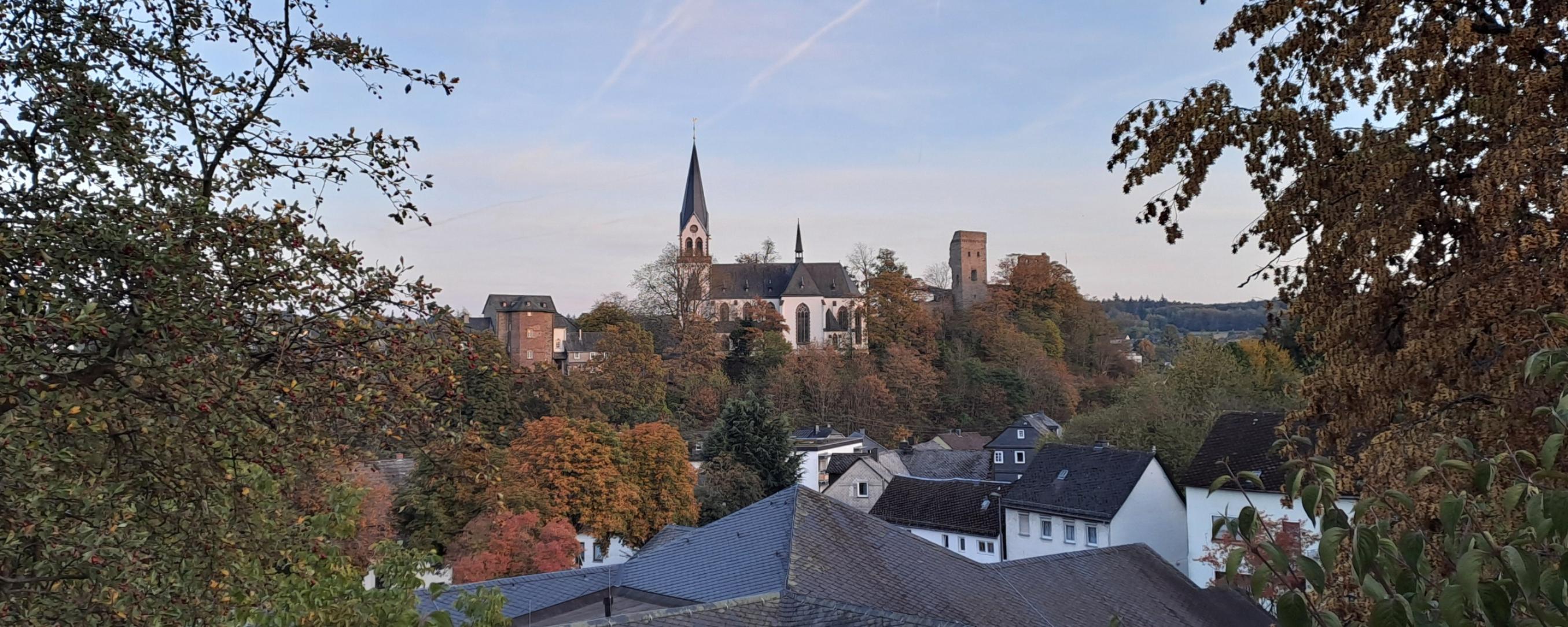 Die katholische Kirche von Kastellaun erhebt sich auf einer bewaldeten Anhöhe über dem Ort. Der helle Kirchenbau mit seinem hohen, spitzen Turm steht inmitten herbstlich gefärbter Bäume. Rechts neben der Kirche ist ein historischer Burgturm zu erkennen. Im Vordergrund liegen die Dächer mehrerer Wohnhäuser, eingerahmt von Bäumen und Sträuchern. Über der Landschaft spannt sich ein klarer blauer Himmel mit mehreren Kondensstreifen.