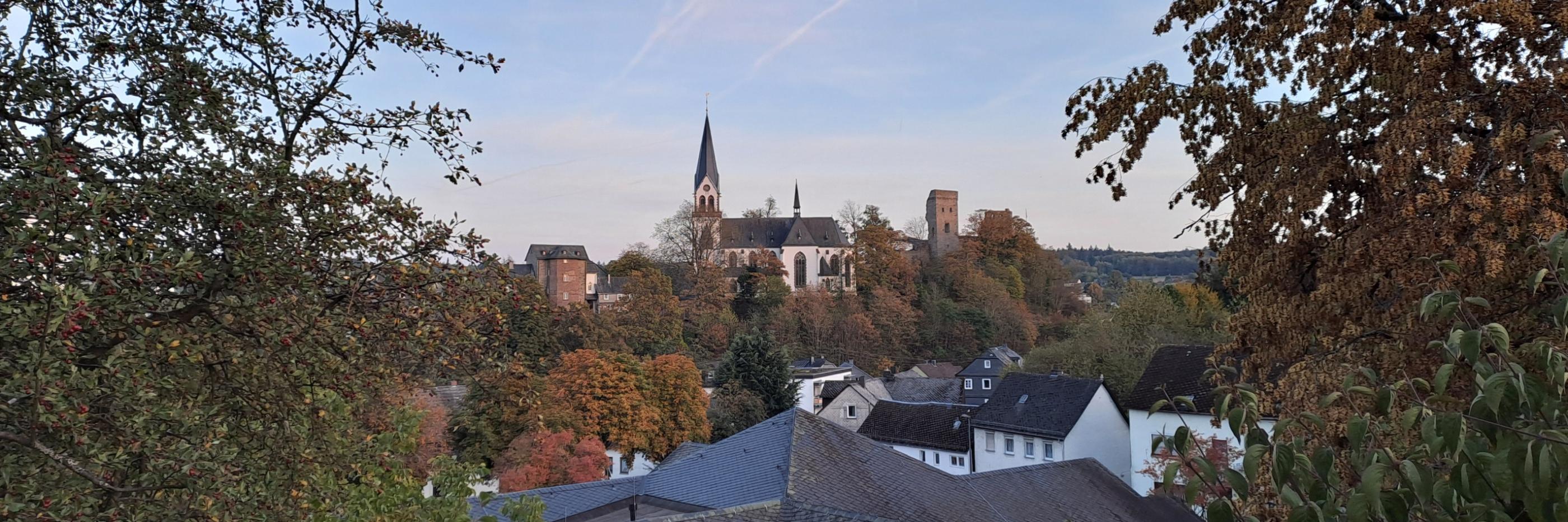 Die katholische Kirche von Kastellaun erhebt sich auf einer bewaldeten Anhöhe über dem Ort. Der helle Kirchenbau mit seinem hohen, spitzen Turm steht inmitten herbstlich gefärbter Bäume. Rechts neben der Kirche ist ein historischer Burgturm zu erkennen. Im Vordergrund liegen die Dächer mehrerer Wohnhäuser, eingerahmt von Bäumen und Sträuchern. Über der Landschaft spannt sich ein klarer blauer Himmel mit mehreren Kondensstreifen.