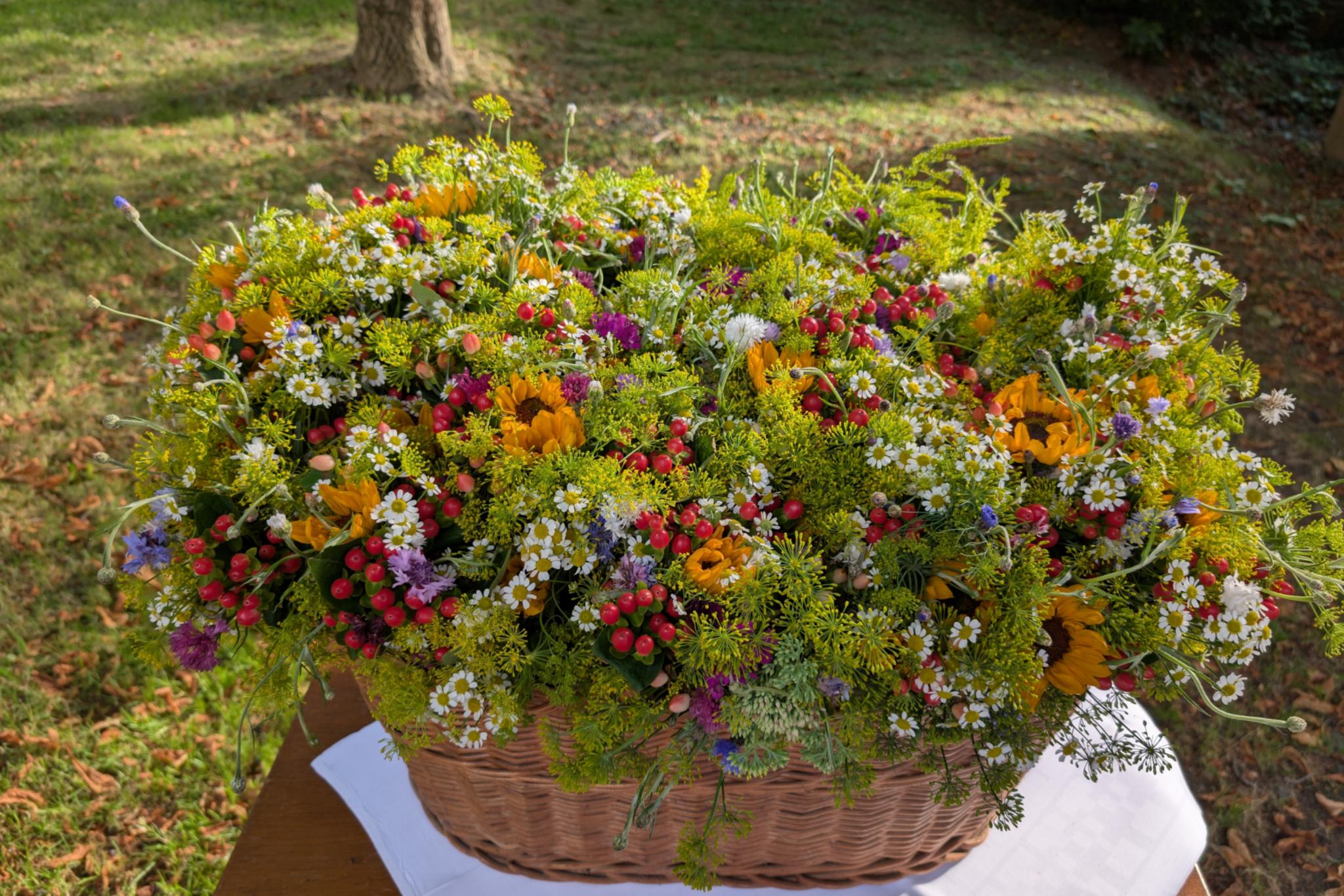 Korb mit verschiedenen Blumen und Kräutern